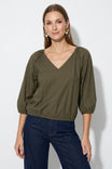 Elastic Puff Sleeve V-neck Blouse