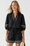 Contrast Trim Puff Sleeve Linen Blouse