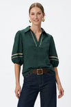 Contrast Trim Puff Sleeve Linen Blouse