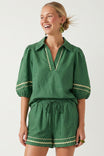Contrast Trim Puff Sleeve Linen Blouse