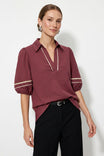 Contrast Trim Puff Sleeve Linen Blouse