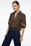 Contrast Trim Puff Sleeve Linen Blouse