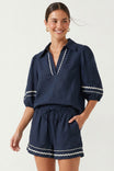 Contrast Trim Puff Sleeve Linen Blouse