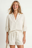 Contrast Trim Puff Sleeve Linen Blouse