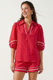 Contrast Trim Puff Sleeve Linen Blouse