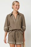 Contrast Trim Puff Sleeve Linen Blouse