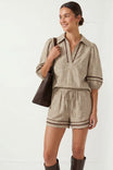 Contrast Trim Puff Sleeve Linen Blouse