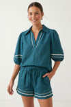 Contrast Trim Puff Sleeve Linen Blouse