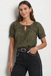 Keyhole Tie Neck Short Sleeve Blouse