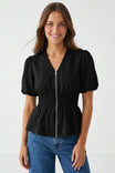 Zip Front Smocked Waist Linen Blouse