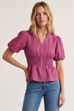 Zip Front Smocked Waist Linen Blouse
