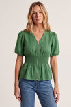 Zip Front Smocked Waist Linen Blouse