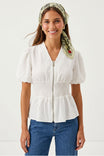 Zip Front Smocked Waist Linen Blouse