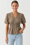 Zip Front Smocked Waist Linen Blouse