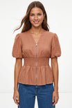 Zip Front Smocked Waist Linen Blouse