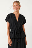 Scallop Hem Drawstring Linen Blouse