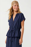 Scallop Hem Drawstring Linen Blouse