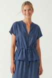Scallop Hem Drawstring Linen Blouse