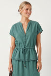 Scallop Hem Drawstring Linen Blouse