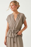 Scallop Hem Drawstring Linen Blouse