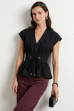 Grommet Tie Waist V-neck Blouse