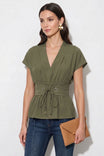 Grommet Tie Waist V-neck Blouse
