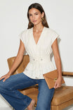 Grommet Tie Waist V-neck Blouse