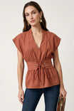 Grommet Tie Waist V-neck Blouse