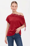 Draped Off Shoulder Lace Trim Blouse