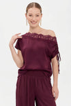 Draped Off Shoulder Lace Trim Blouse