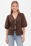 Soft Matte Tie Front Embroidered Blouse