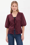 Soft Matte Tie Front Embroidered Blouse