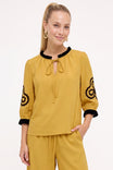 Contrast Trim Applique Tie Neck Blouse