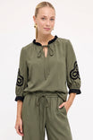 Contrast Trim Applique Tie Neck Blouse