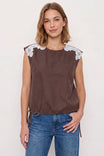 Lace Patch Soft Matte Cap Sleeve Blouse