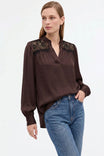 Lace Yoke Split Neck Long Sleeve Blouse