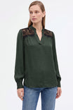 Lace Yoke Split Neck Long Sleeve Blouse