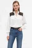 Lace Yoke Split Neck Long Sleeve Blouse