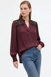 Lace Yoke Split Neck Long Sleeve Blouse