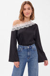 Lace Trim Off Shoulder Texture Satin Blouse
