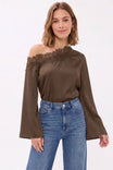 Lace Trim Off Shoulder Texture Satin Blouse