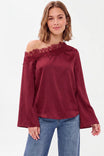 Lace Trim Off Shoulder Texture Satin Blouse