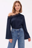 Lace Trim Off Shoulder Texture Satin Blouse