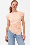 Lace Trim Draped Waist Short Sleeve Blouse