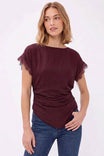 Lace Trim Draped Waist Short Sleeve Blouse