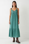 Crochet Yoke Linen Ruffle Maxi Dress