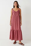 Crochet Yoke Linen Ruffle Maxi Dress