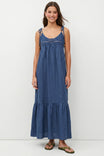 Crochet Yoke Linen Ruffle Maxi Dress