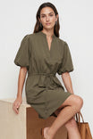 Puff Sleeve Cinched Waist Mini Dress