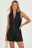 Smocking Sleeveless Front Zip Romper